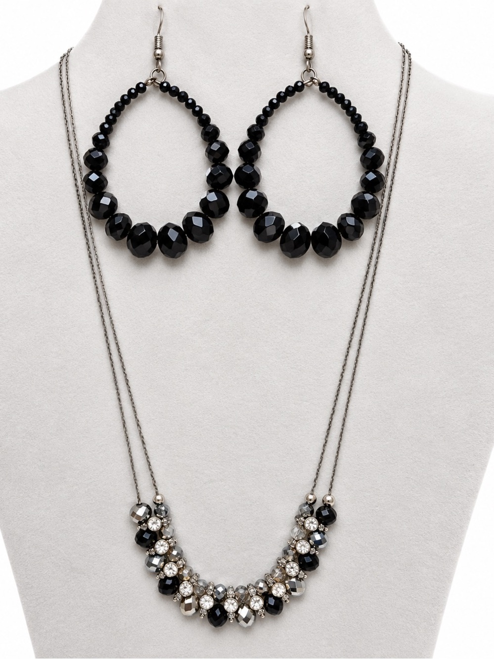 Black Ice Teardrop Earrings & Crystal Accent Necklace Set